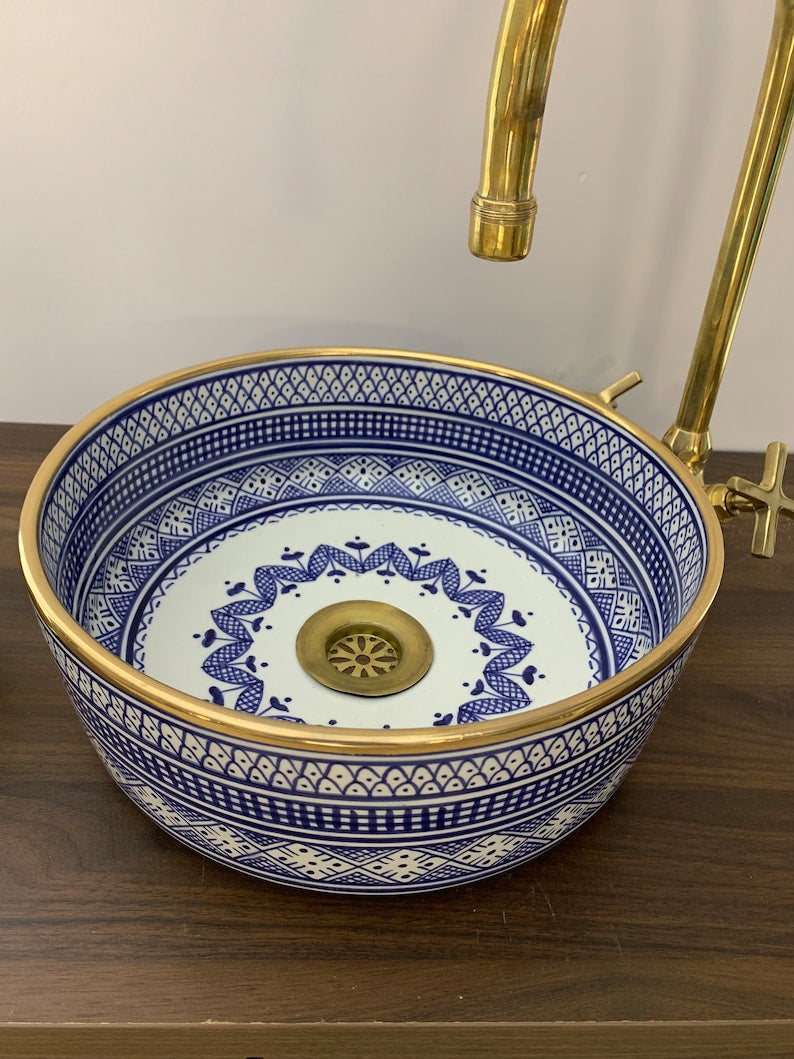  Handmade Moroccan Ceramic Sink Golden rim 14k karat #20G