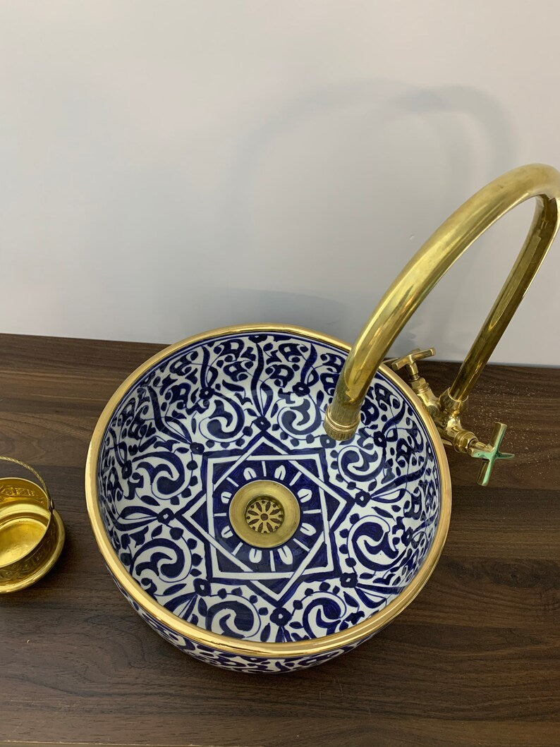 Moroccan sink 14k carats gold rim | Hand-painted ceramic sink | Mid century modern bathroom washbasin #20J