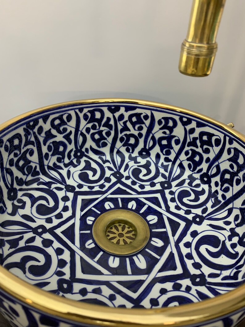 Handmade Moroccan Ceramic Sink Golden rim 14k karat #20J