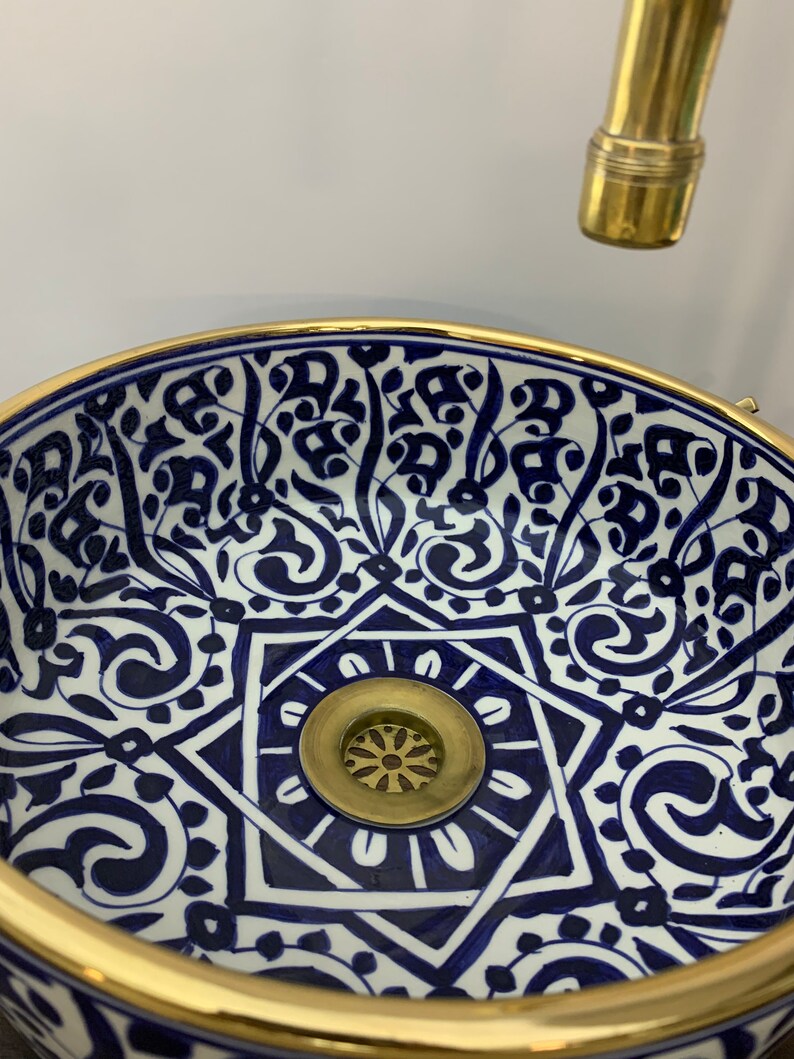 Moroccan sink 14k carats gold rim | Hand-painted ceramic sink | Mid century modern bathroom washbasin #20J