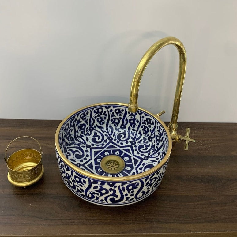 Moroccan sink 14k carats gold rim | Hand-painted ceramic sink | Mid century modern bathroom washbasin #20J