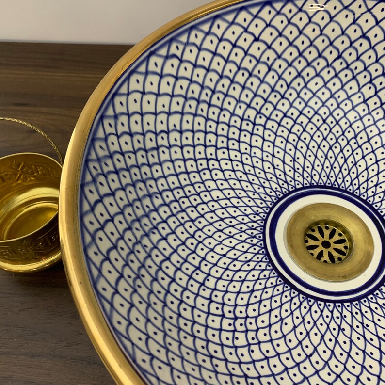 Handmade Moroccan Ceramic Sink Golden rim 14k karat #20C