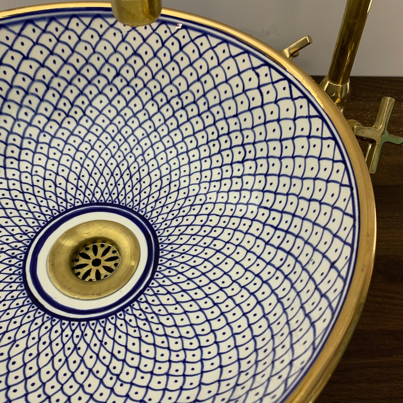 Handmade Moroccan Ceramic Sink Golden rim 14k karat #20C