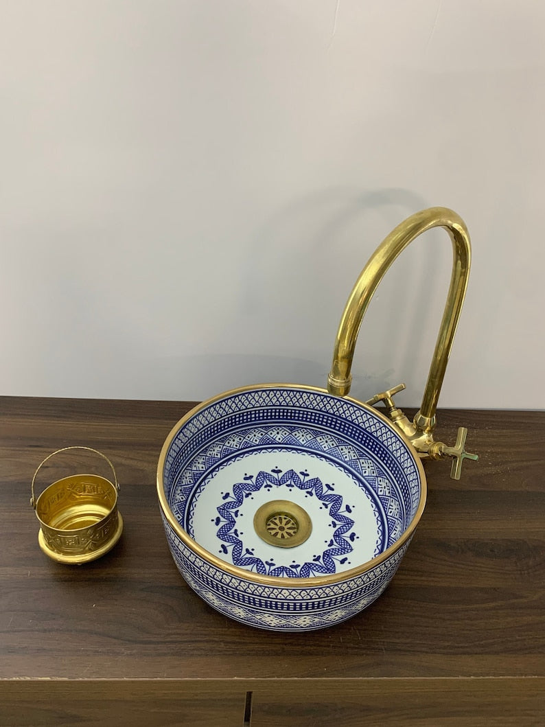  Handmade Moroccan Ceramic Sink Golden rim 14k karat #20G