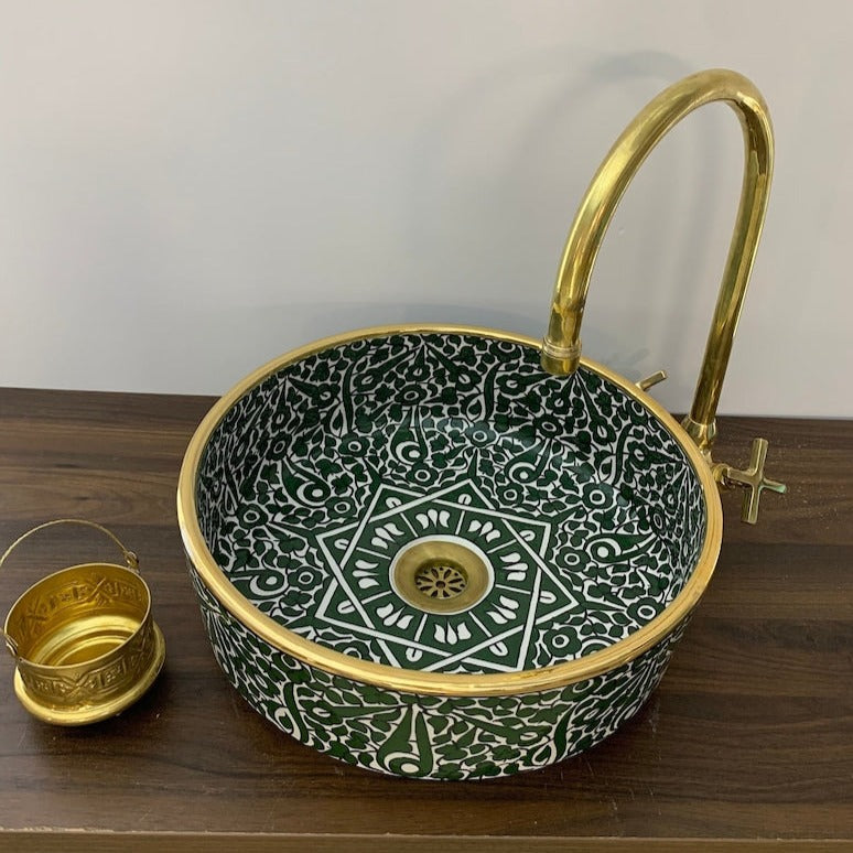 Moroccan sink 14k carats gold rim | Hand painted ceramic sink | Mid century modern bathroom washbasin #20H