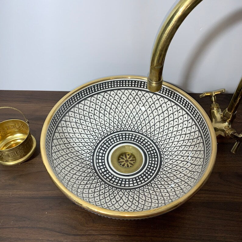 Handmade Moroccan Ceramic Sink Golden rim 14k karat #20B