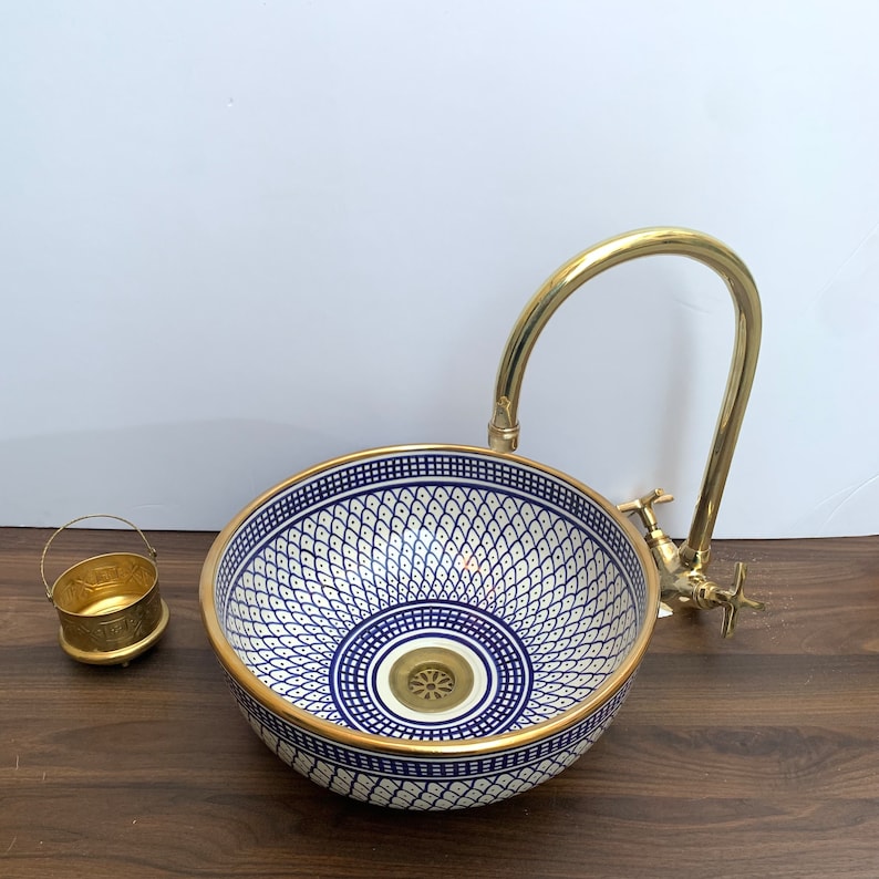 Handmade Moroccan Ceramic Sink Golden rim 14k karat #20A