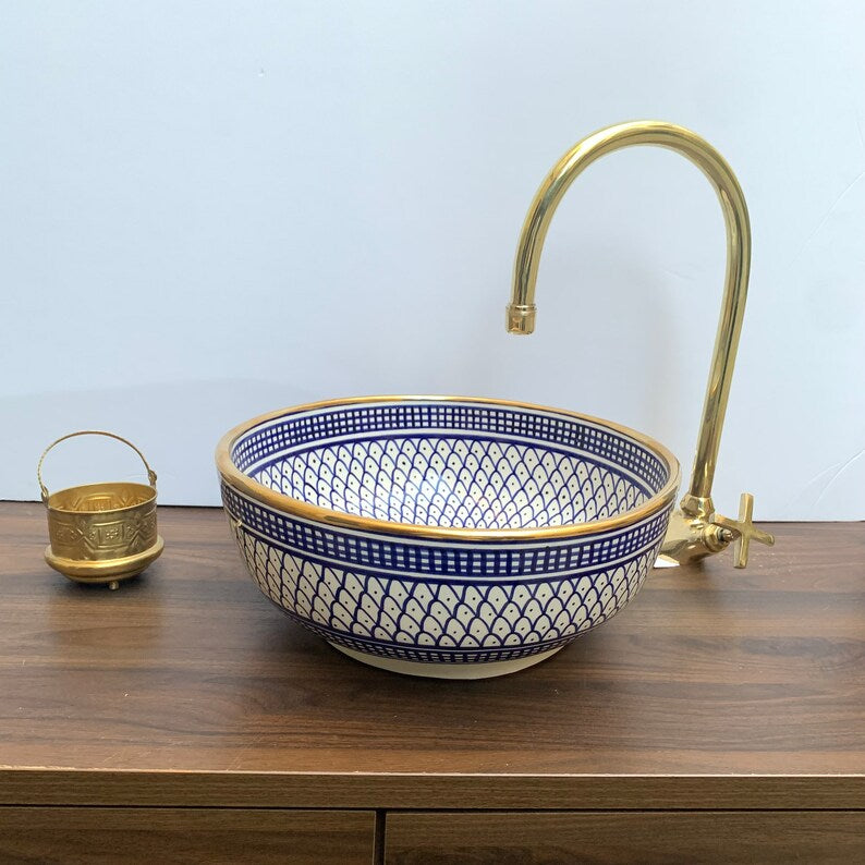 Handmade Moroccan Ceramic Sink Golden rim 14k karat #20A