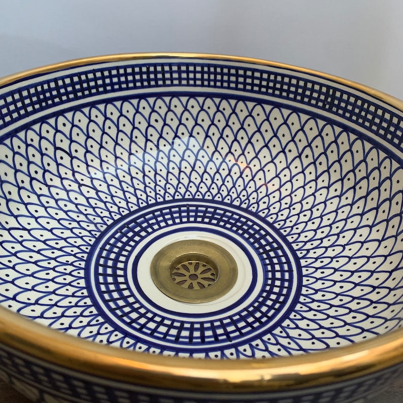 Handmade Moroccan Ceramic Sink Golden rim 14k karat #20A