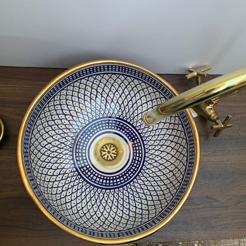 Handmade Moroccan Ceramic Sink Golden rim 14k karat #20A