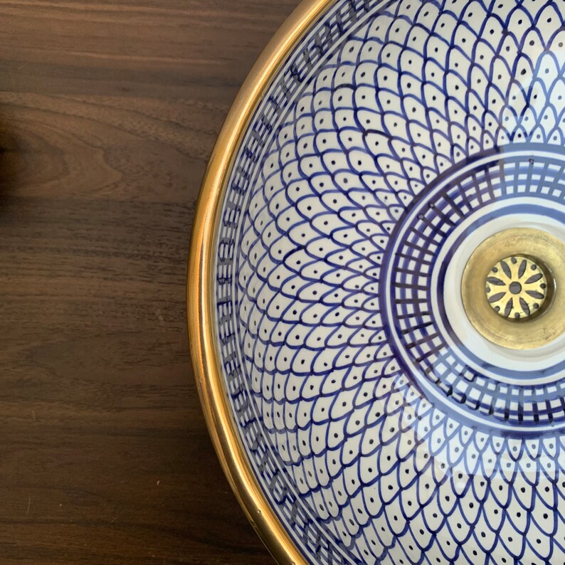 Handmade Moroccan Ceramic Sink Golden rim 14k karat #20A