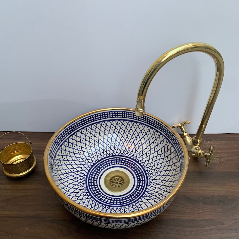 Handmade Moroccan Ceramic Sink Golden rim 14k karat #20A