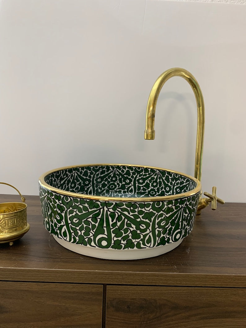 Handmade Moroccan Ceramic Sink Golden rim 14k karat #20H