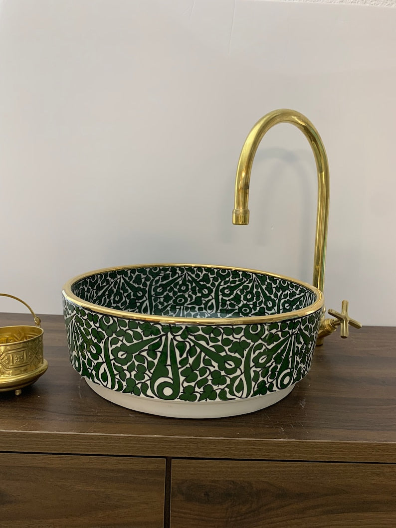 Moroccan sink 14k carats gold rim | Hand painted ceramic sink | Mid century modern bathroom washbasin #20H