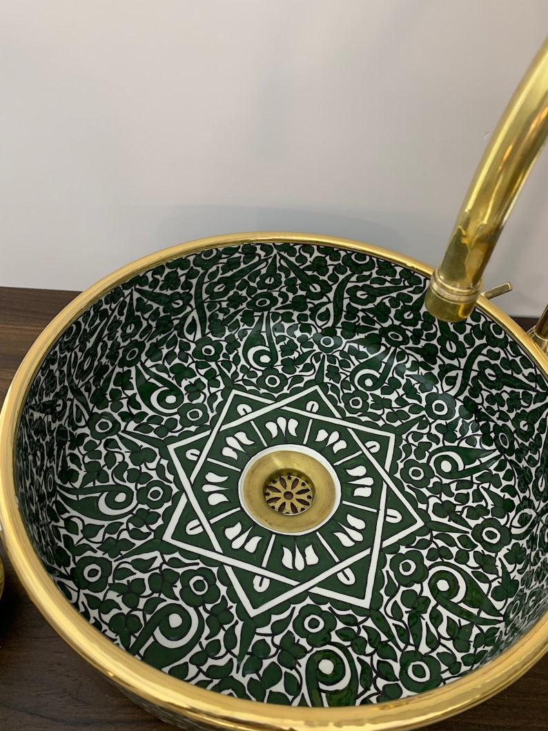 Moroccan sink 14k carats gold rim | Hand painted ceramic sink | Mid century modern bathroom washbasin #20H