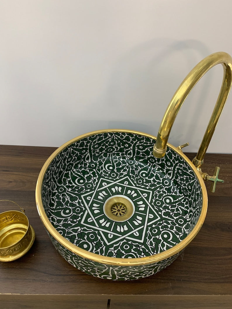 Moroccan sink 14k carats gold rim | Hand painted ceramic sink | Mid century modern bathroom washbasin #20H