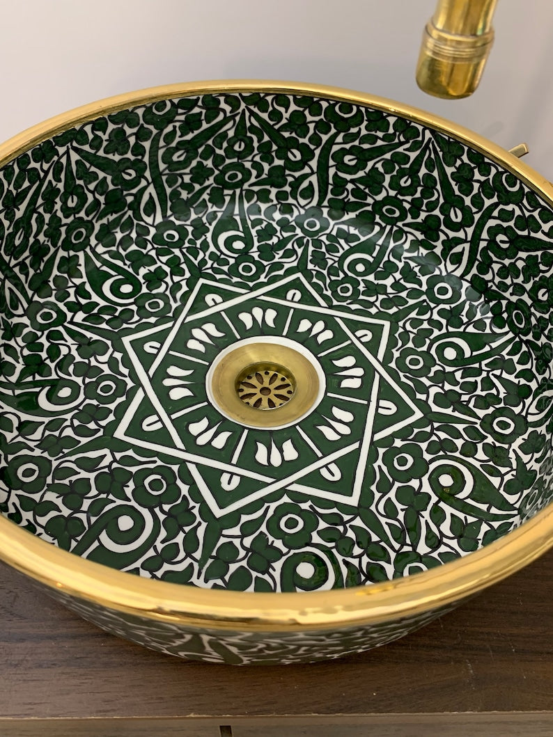 Moroccan sink 14k carats gold rim | Hand painted ceramic sink | Mid century modern bathroom washbasin #20H