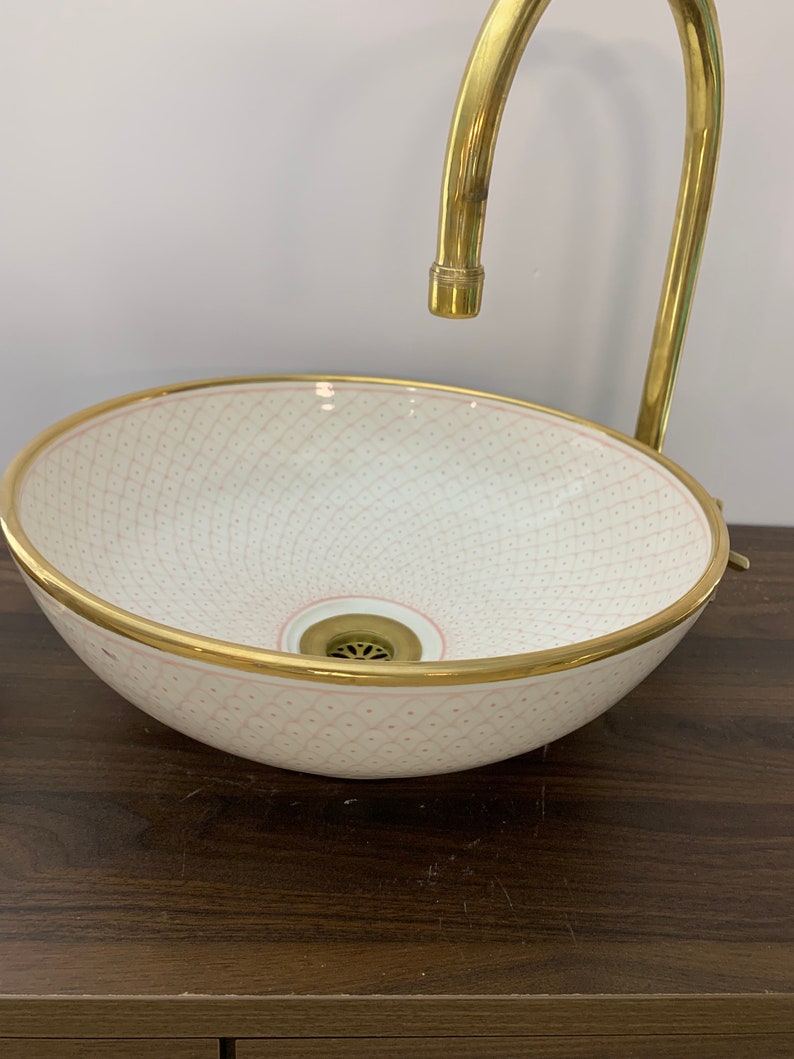 Handmade Moroccan Ceramic Sink Golden rim 14k karat #20E