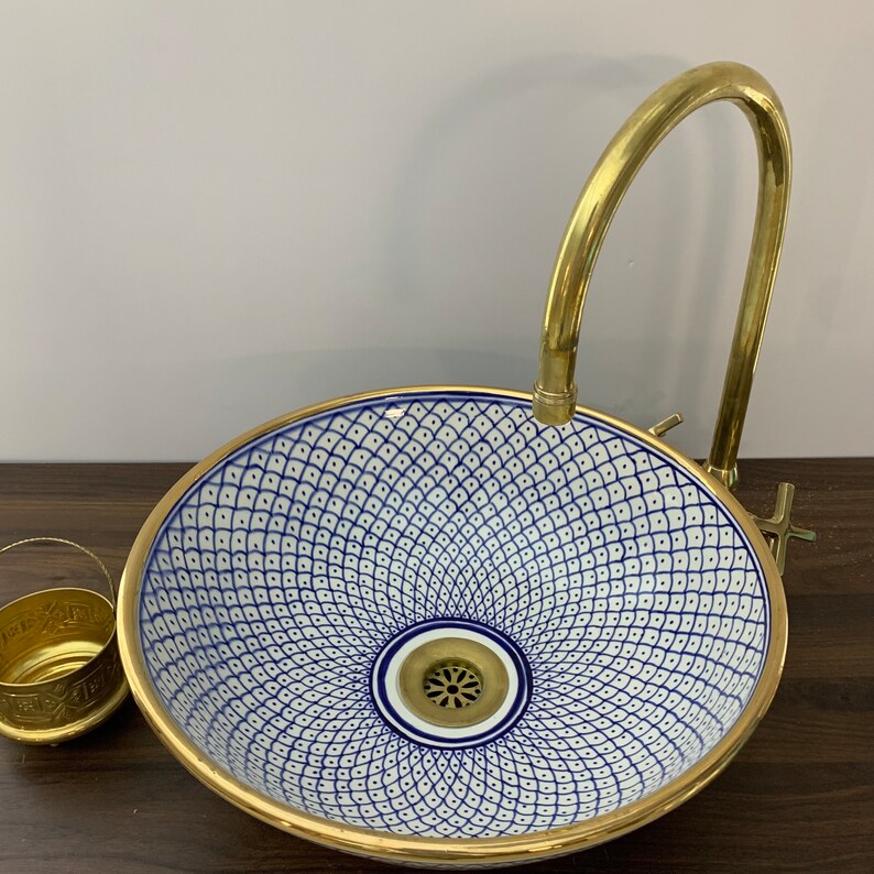 Handmade Moroccan Ceramic Sink Golden rim 14k karat #20C