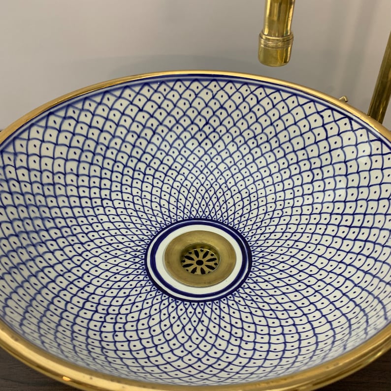 Handmade Moroccan Ceramic Sink Golden rim 14k karat #20C