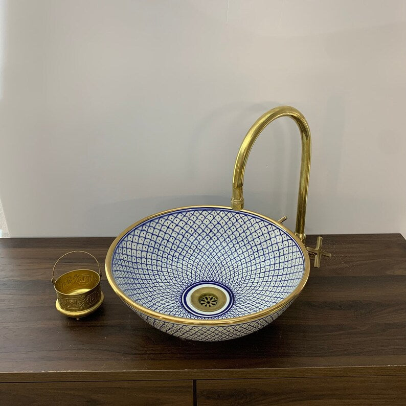 Handmade Moroccan Ceramic Sink Golden rim 14k karat #20C