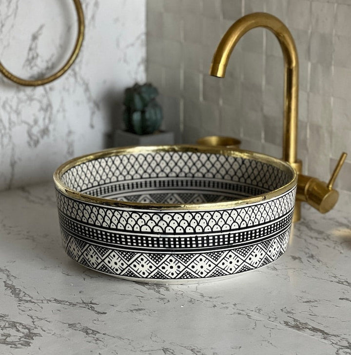 Handmade Moroccan Ceramic Sink Brass rim #124