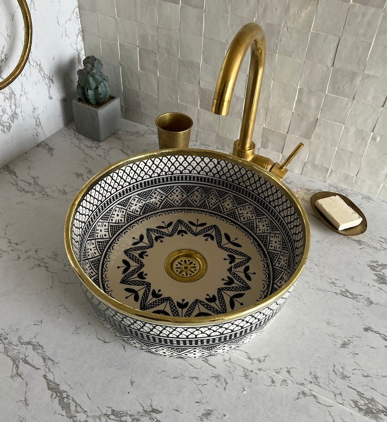 Handmade Moroccan Ceramic Sink Brass rim #124