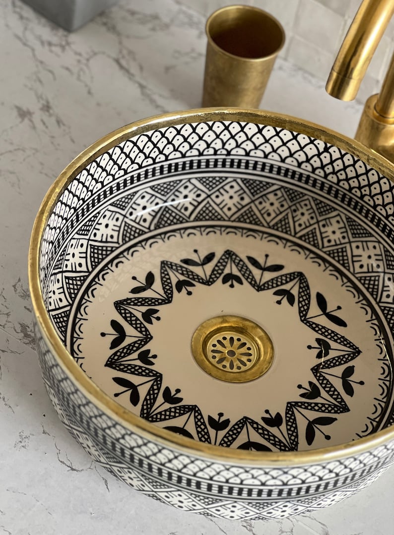 Handmade Moroccan Ceramic Sink Brass rim #124