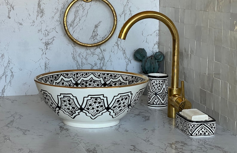 Handmade Moroccan Ceramic Sink Golden Rim 14k #128X