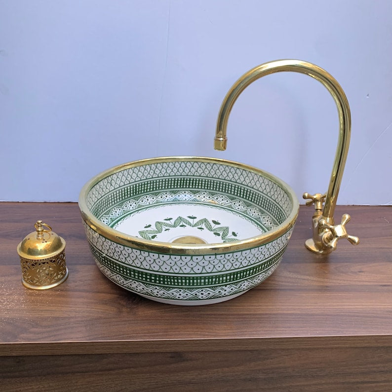  Handmade Moroccan Ceramic Sink Brass rim #14