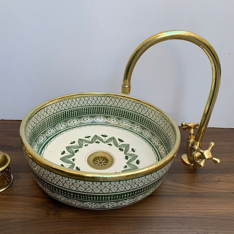  Handmade Moroccan Ceramic Sink Brass rim #14