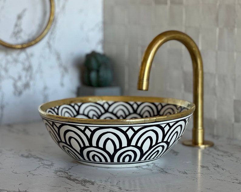 Handmade Moroccan Ceramic Sink Brass rim #128W