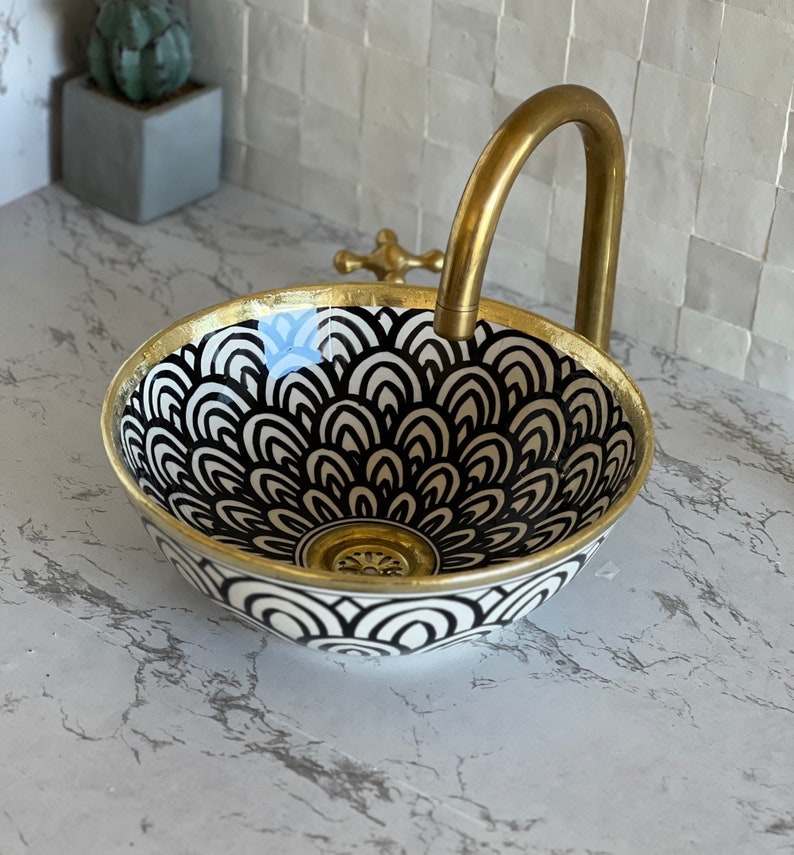 Handmade Moroccan Ceramic Sink Brass rim #128W