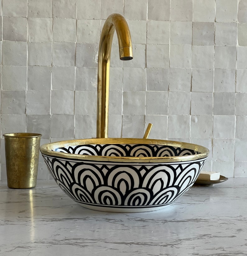 Handmade Moroccan Ceramic Sink Brass rim #128W