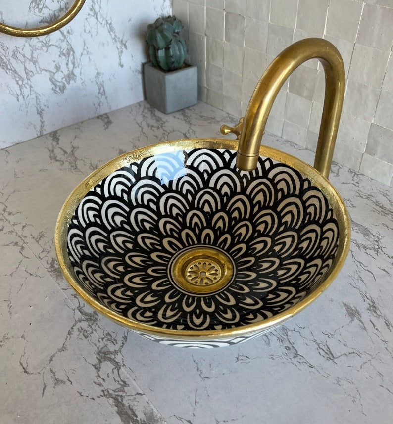 Handmade Moroccan Ceramic Sink Brass rim #128W