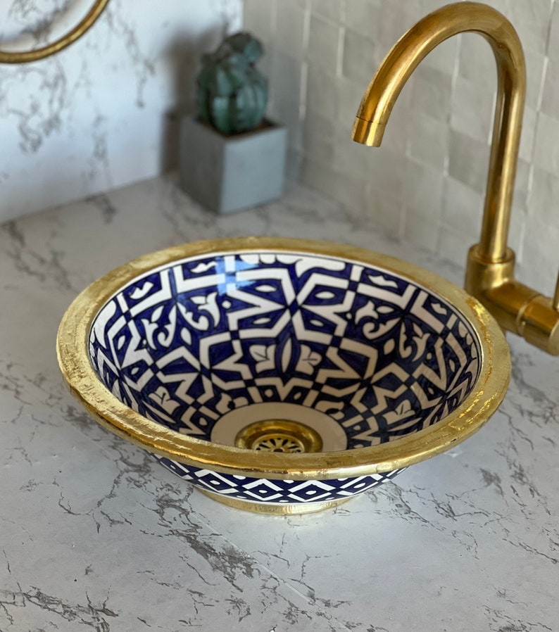 Handmade Moroccan Ceramic Sink Brass rim #127