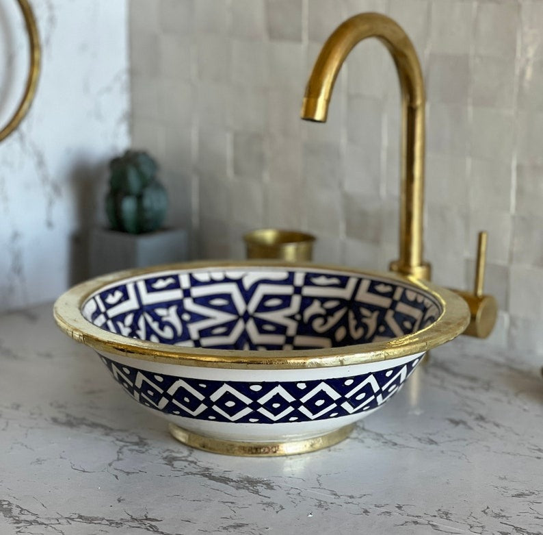 Handmade Moroccan Ceramic Sink Brass rim #127