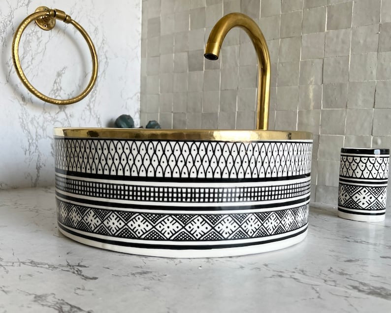 Handmade Moroccan Ceramic Sink Brass rim #124