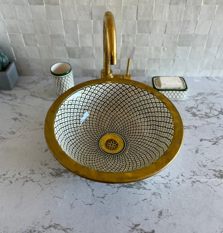 Handmade Moroccan Ceramic Sink Brass rim #127A