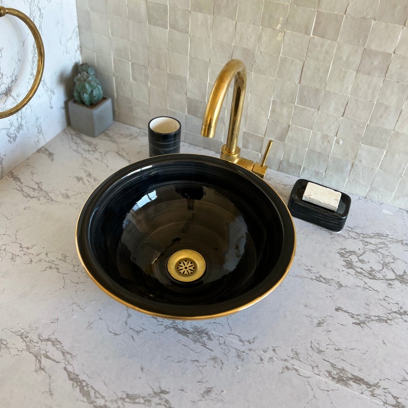  Handmade Moroccan Ceramic Sink Golden rim 14k #122