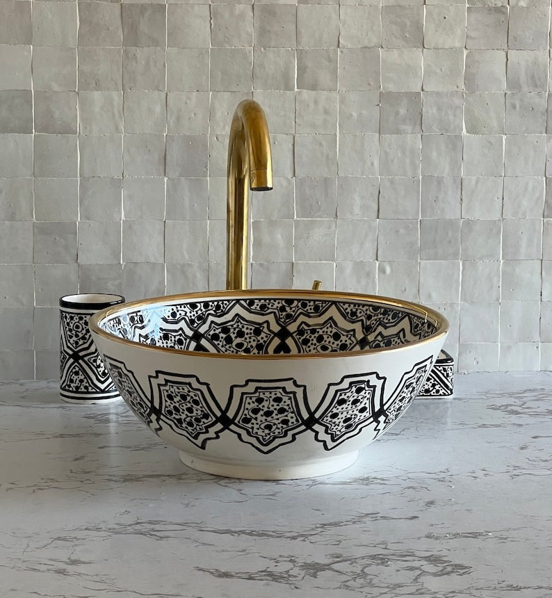 Handmade Moroccan Ceramic Sink Golden Rim 14k #128X