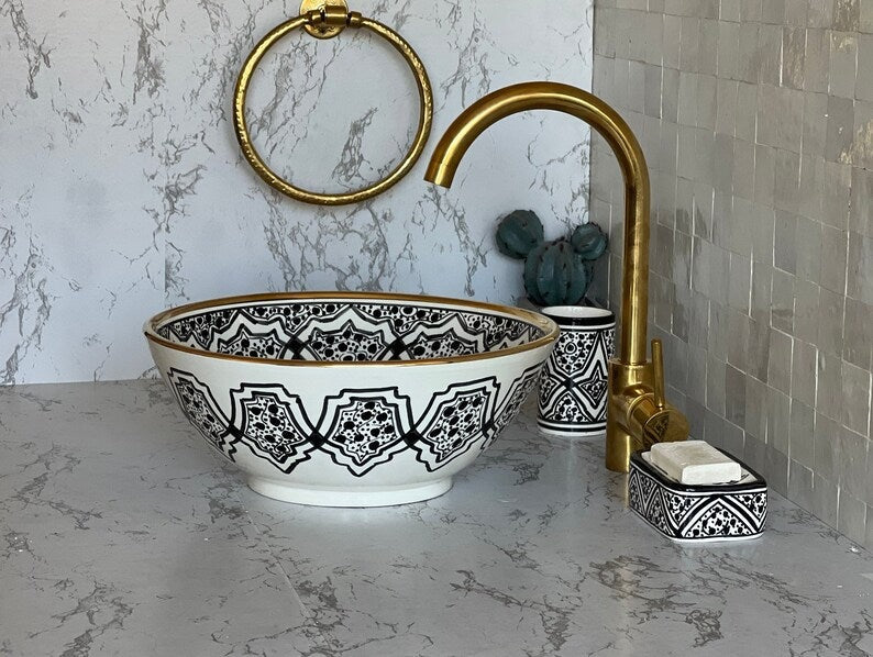 Handmade Moroccan Ceramic Sink Golden Rim 14k #128X