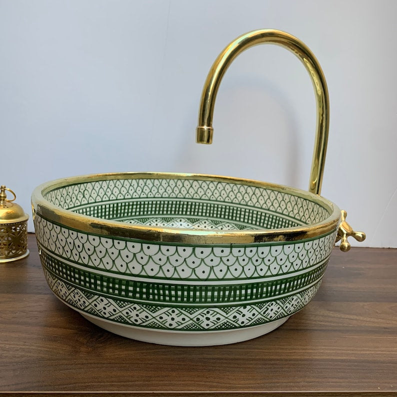  Handmade Moroccan Ceramic Sink Brass rim #14