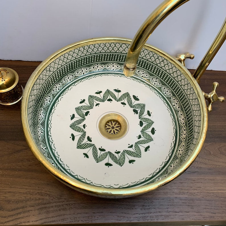  Handmade Moroccan Ceramic Sink Brass rim #14