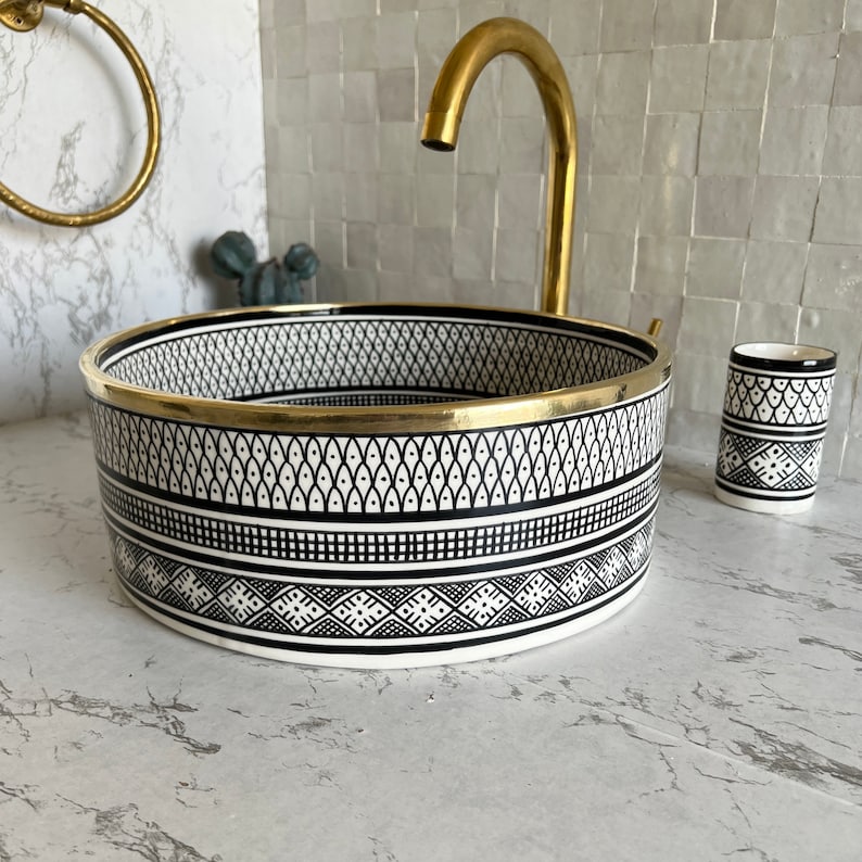 Handmade Moroccan Ceramic Sink Brass rim #124