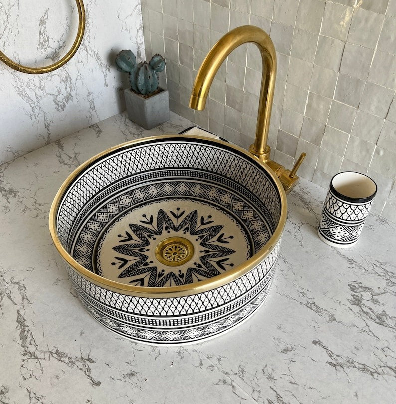 Handmade Moroccan Ceramic Sink Brass rim #124