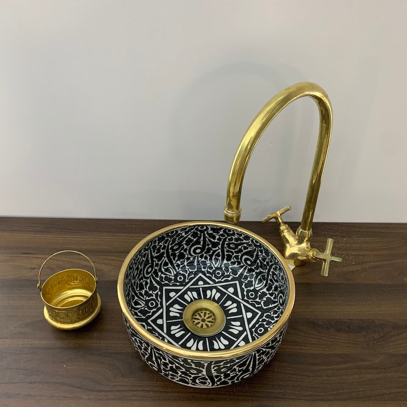 Handmade Moroccan Ceramic Sink 14K Carat Golden rim #64A