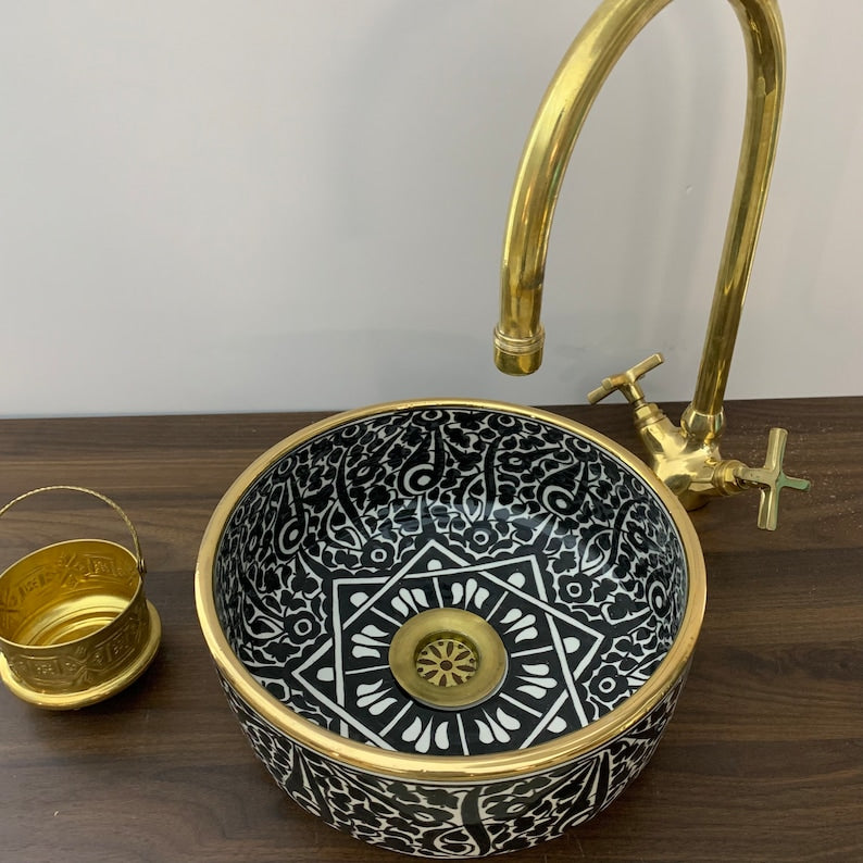 Handmade Moroccan Ceramic Sink 14K Carat Golden rim #64A