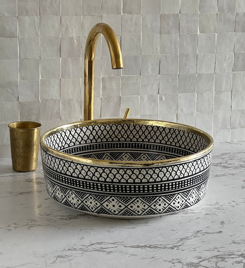 Handmade Moroccan Ceramic Sink Brass rim #124