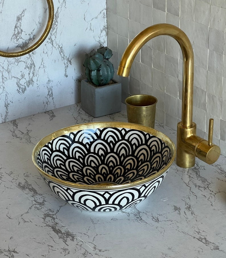 Handmade Moroccan Ceramic Sink Brass rim #128W